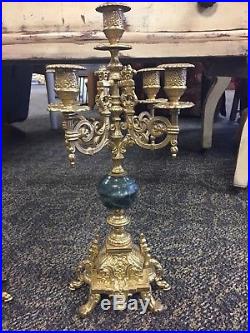 Two 17 Antique Heavy Brass 5 Arm Candle Holder / Candelabra Set from Italy