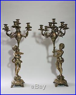 Two Hughe Candelabras Candlesticks Solid Brass Bronze 19th cent. Cherubs Angels