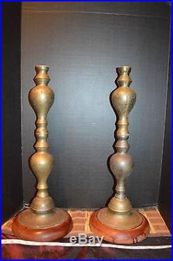 Two Large Brass Etched Pillar Candle Holder With Wood Base 37 1/2x10 1/2