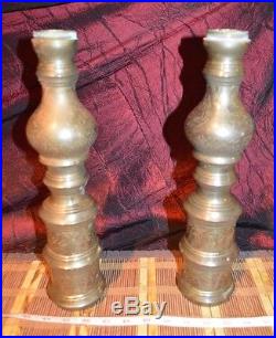 Two Large Brass Etched Pillar Candle Holder With Wood Base 37 1/2x10 1/2