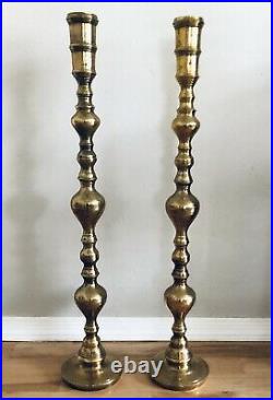 Two Matching Vintage Tall Etched Brass Floor Candlesticks Candle Holders 36