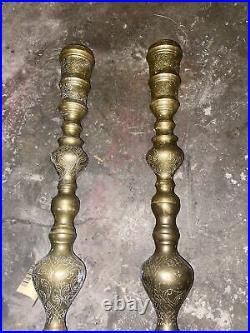 Two Matching Vintage Tall Etched Brass Floor Candlesticks Candle Holders 36