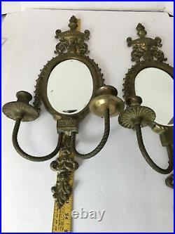 Two Vintage Antique Brass Double Candle Holder With Mirror Wall Sconce