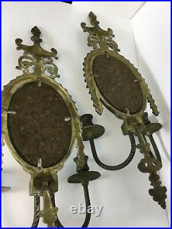 Two Vintage Antique Brass Double Candle Holder With Mirror Wall Sconce