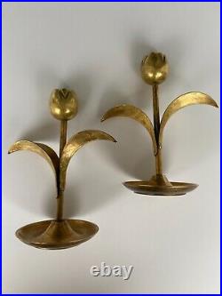 Two Vintage Tulip Long Leaves Design Brass Candle Stick Holders Makers Mark P