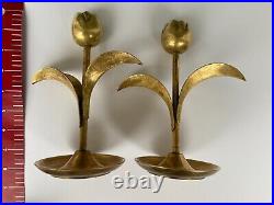 Two Vintage Tulip Long Leaves Design Brass Candle Stick Holders Makers Mark P