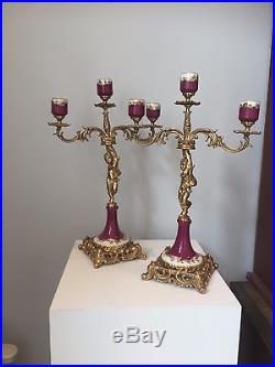 Unique Pair Of Porcelain / Brass Candelabras 3 Arm Candle Holders Vintage