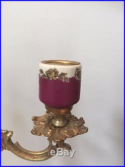 Unique Pair Of Porcelain / Brass Candelabras 3 Arm Candle Holders Vintage