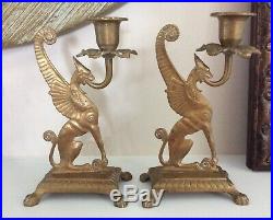 Unique Pair of Antique Brass Dragon / Griffin / Gargoyal Candlestick Holders