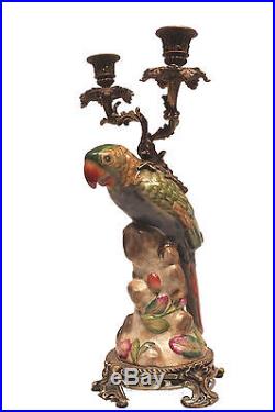 Unique Porcelain Parrot Figurine with Double Brass Candle Holder