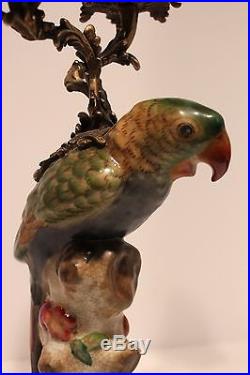 Unique Porcelain Parrot Figurine with Double Brass Candle Holder