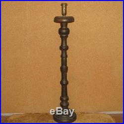 VERY RARE PILGRIM 17TH C TURNED WOOD AND BRASS CANDLE HOLDER IN GREAT OLD PAINT