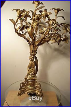 VINTAGE BRASS 6 CANDLE CANDELABRA WITH WINGED ANGEL AND FLOWERS