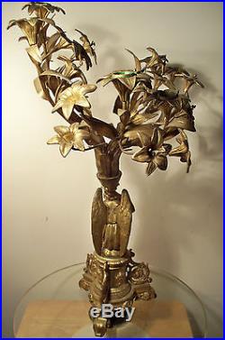 VINTAGE BRASS 6 CANDLE CANDELABRA WITH WINGED ANGEL AND FLOWERS
