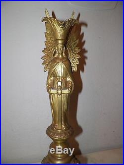Vintage Brass Old Church Candlestick Angel Holding Cross Religious Spiritual