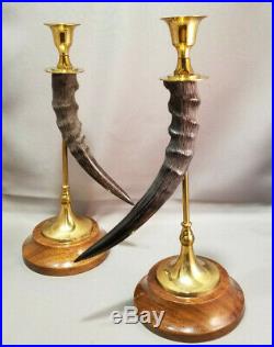 VINTAGE LOT of 2 Candle Stick Holders Horn Brass Rustic Cabin Collectible VTG