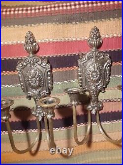 VINTAGE PAIR of ORNATE BRASS DOUBLE CANDLE HOLDER WALL SCONCE 14TALL X 8W X6D