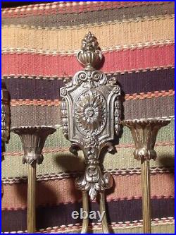 VINTAGE PAIR of ORNATE BRASS DOUBLE CANDLE HOLDER WALL SCONCE 14TALL X 8W X6D