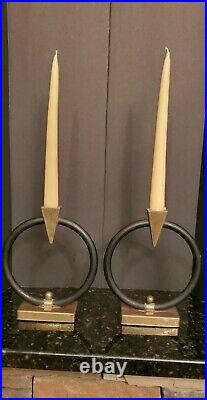 VNTG MCM DECOR ART DECO SET OF 2 Candle Holders Brass and Black Metal USED