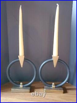 VNTG MCM DECOR ART DECO SET OF 2 Candle Holders Brass and Black Metal USED