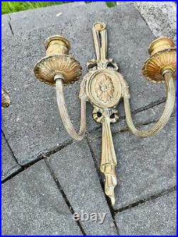 VTG 16 Solid Brass Bow Flower Wall Sconces 2-Arm Candle Hollywood Regency