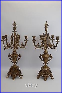 VTG 27 Pair of French Neo Gothic Brass 6 Tier Candelabra Set Candle Holder Pair