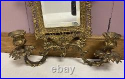 VTG Art Nouveau Mirror Brass Candle Holders Wall Hanging Rare Hollywood Regency