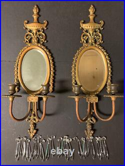 VTG Brass Pair Glo-Mar ArtWorks Wall Sconces Mirror Candle Holders withPrisms