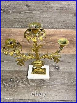 VTG Harvin Virginia Metalcrafters Brass 3 Arm Candelabra with Marble Base 14x12