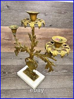 VTG Harvin Virginia Metalcrafters Brass 3 Arm Candelabra with Marble Base 14x12