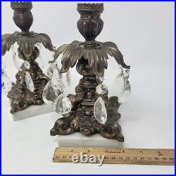 VTG Italian Bronze Finish Candlesticks with Crystals Marble Base Baroque Style