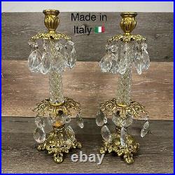 VTG Italian Hollywood Regency Crystal Prism Brass Candlestick Holder 14.75Pair