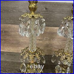 VTG Italian Hollywood Regency Crystal Prism Brass Candlestick Holder 14.75Pair