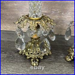 VTG Italian Hollywood Regency Crystal Prism Brass Candlestick Holder 14.75Pair