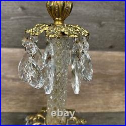 VTG Italian Hollywood Regency Crystal Prism Brass Candlestick Holder 14.75Pair