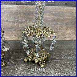 VTG Italian Hollywood Regency Crystal Prism Brass Candlestick Holder 14.75Pair