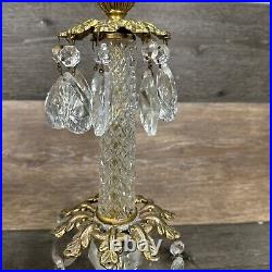 VTG Italian Hollywood Regency Crystal Prism Brass Candlestick Holder 14.75Pair