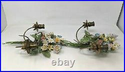 VTG Italian Tole Metal Brass Flower Shabby Candle Holder Wall Sconce Pair KP21