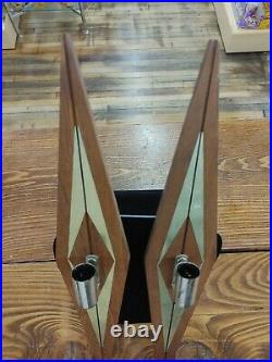 VTG. PAIR of MID CENTURY MODERN Walnut/Brass CANDLE HOLDER WALL SCONCE