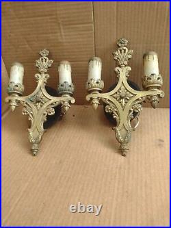 VTG Pair Double gothic Brass Wall Sconce Candle Electrical Candelabra Light
