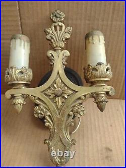 VTG Pair Double gothic Brass Wall Sconce Candle Electrical Candelabra Light