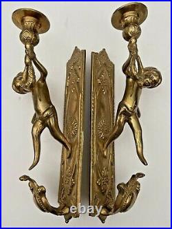 VTG Pair GATCO Solid Brass Cherub Candle Holder Wall Sconces 11 Tall Ornate