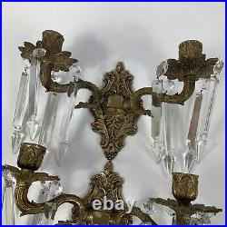 VTG Pair Ornate Brass Wall Hanging Sconce Candle Holders With Hanging Crystals