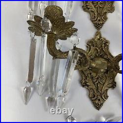 VTG Pair Ornate Brass Wall Hanging Sconce Candle Holders With Hanging Crystals