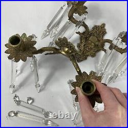 VTG Pair Ornate Brass Wall Hanging Sconce Candle Holders With Hanging Crystals