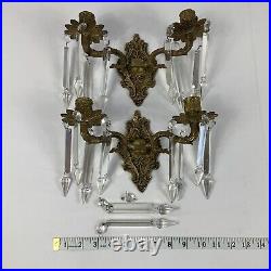 VTG Pair Ornate Brass Wall Hanging Sconce Candle Holders With Hanging Crystals