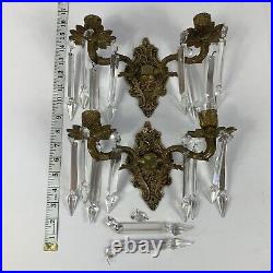 VTG Pair Ornate Brass Wall Hanging Sconce Candle Holders With Hanging Crystals