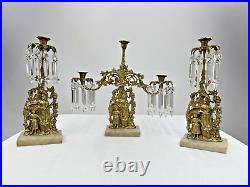 VTG Set of 3 Ornate Brass Marble Crystal Victorian Candelabra Candle Holders