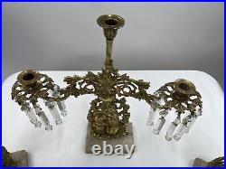 VTG Set of 3 Ornate Brass Marble Crystal Victorian Candelabra Candle Holders