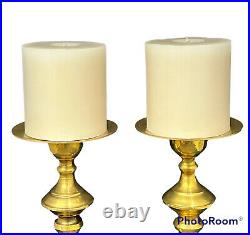 VTG Solid Brass Table Top Pillar Candle Holder with Candles Heavy 11 SET OF TWO